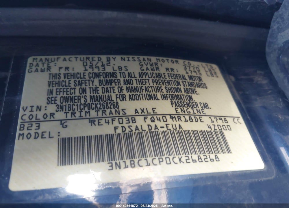 2012 NISSAN VERSA 1.8 S VIN: 3N1BC1CP0CK268268