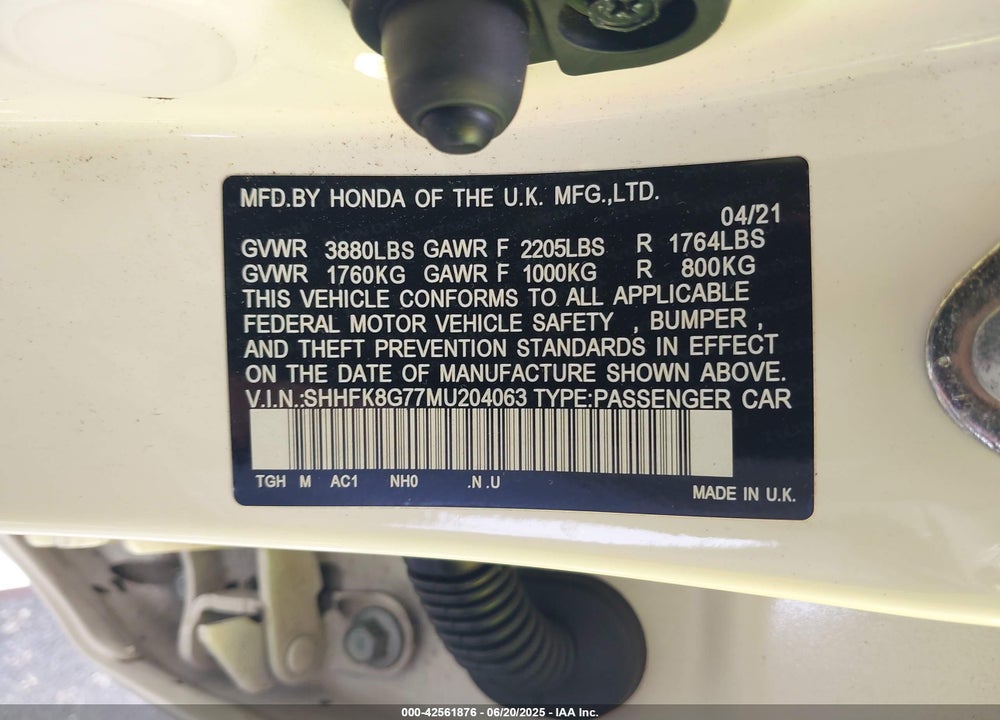 2021 HONDA CIVIC VIN: SHHFK8G77MU204063