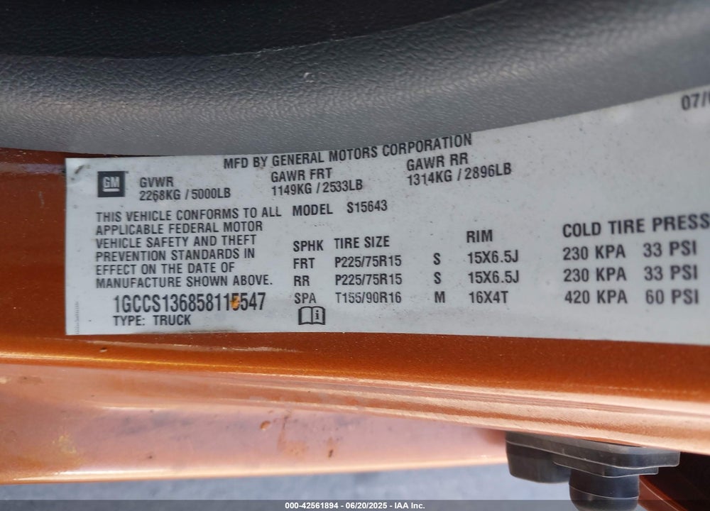 2005 CHEVROLET COLORADO LS VIN: 1GCCS136858115547