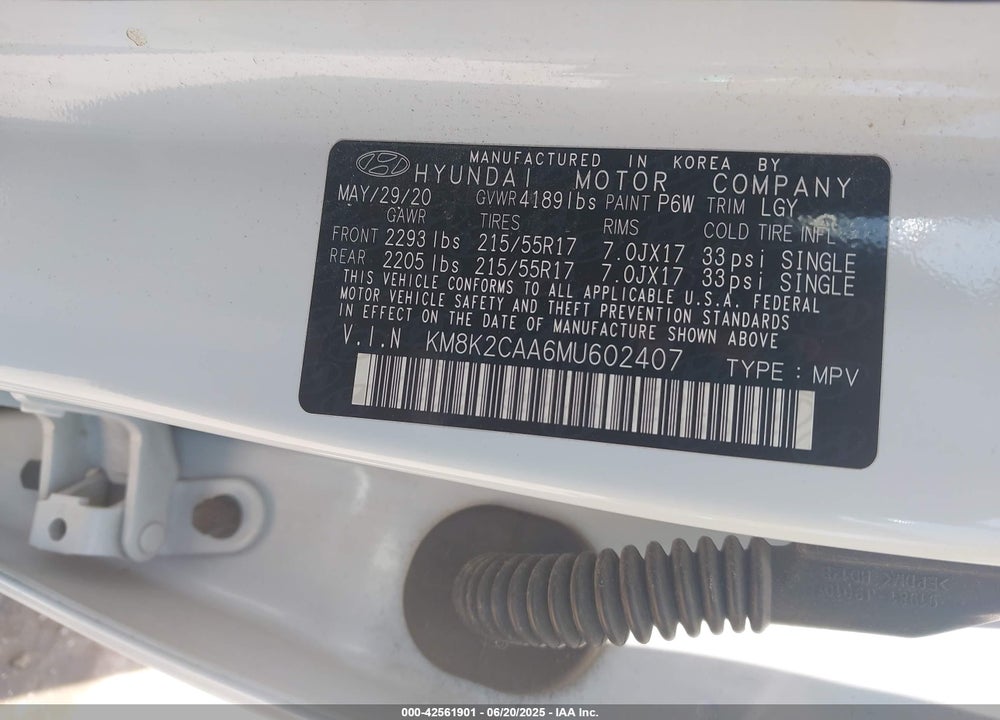 2021 HYUNDAI KONA VIN: KM8K2CAA6MU602407