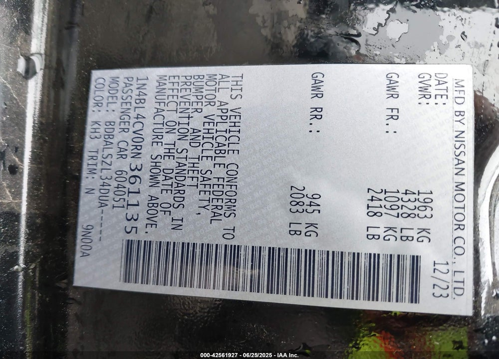 2024 NISSAN ALTIMA VIN: 1N4BL4CV0RN361135