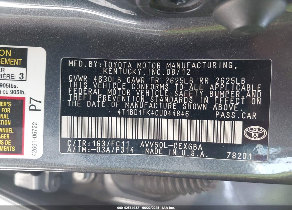 2012 TOYOTA CAMRY HYBRID XLE VIN: 4T1BD1FK4CU044846