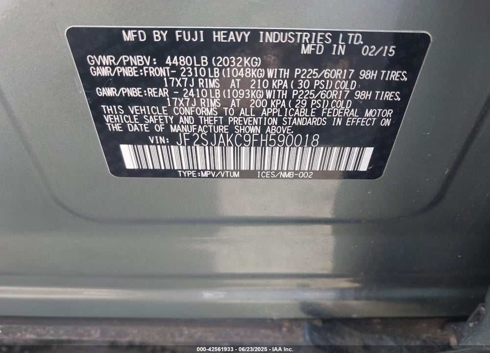 2015 SUBARU FORESTER 2.5I LIMITED VIN: JF2SJAKC9FH590018