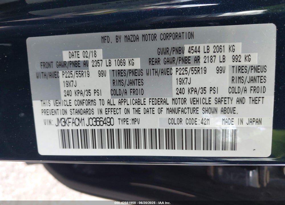 2018 MAZDA CX-5 TOURING VIN: JM3KFACM1J0366490