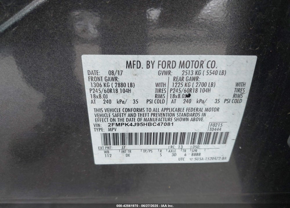 2017 FORD EDGE SEL VIN: 2FMPK4J95HBC47081