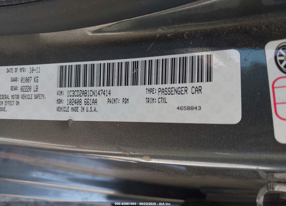 2012 DODGE AVENGER VIN: 1C3CDZAB1CN147414