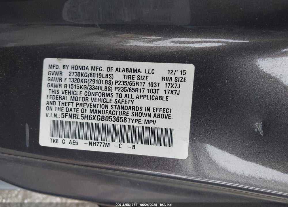 2016 HONDA ODYSSEY EX-L VIN: 5FNRL5H6XGB053658