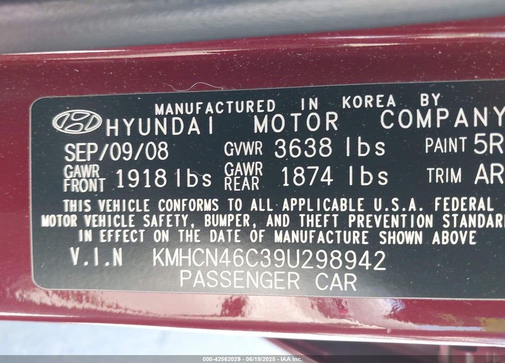 2009 HYUNDAI ACCENT GLS VIN: KMHCN46C39U298942
