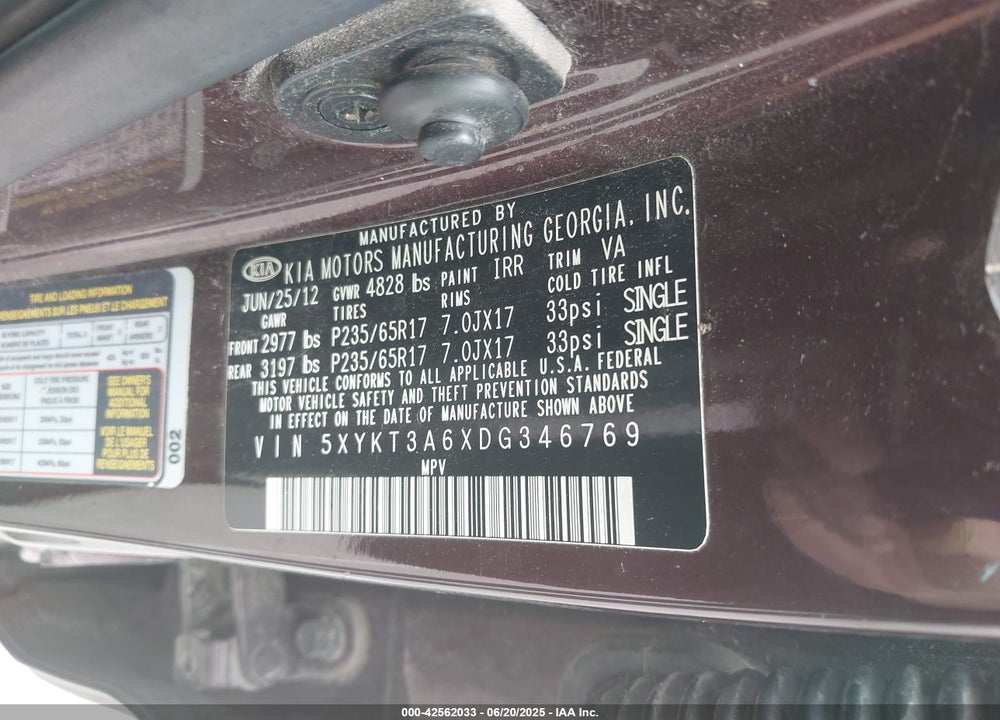 2013 KIA SORENTO VIN: 5XYKT3A6XDG346769