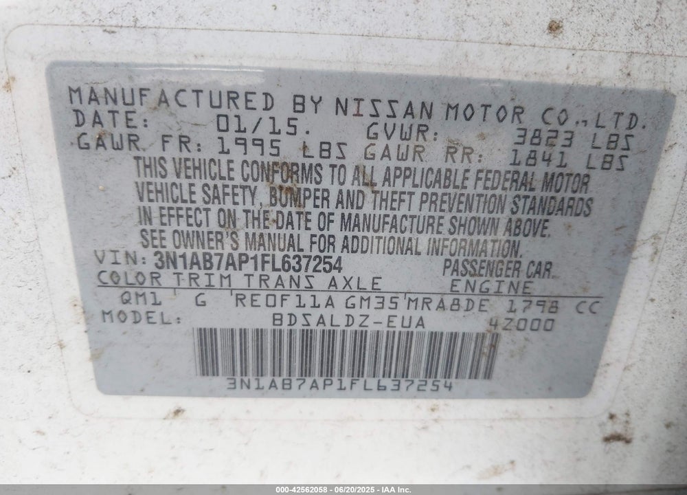 2015 NISSAN SENTRA FE+ S/S/SL/SR/SV VIN: 3N1AB7AP1FL637254