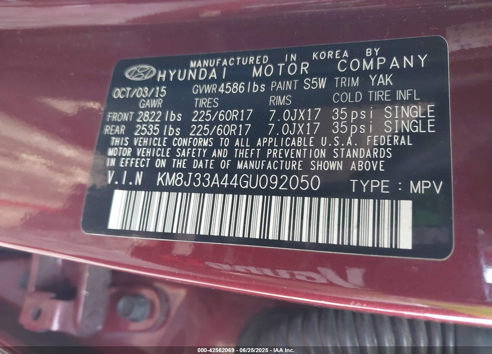 2016 HYUNDAI TUCSON VIN: KM8J33A44GU092050