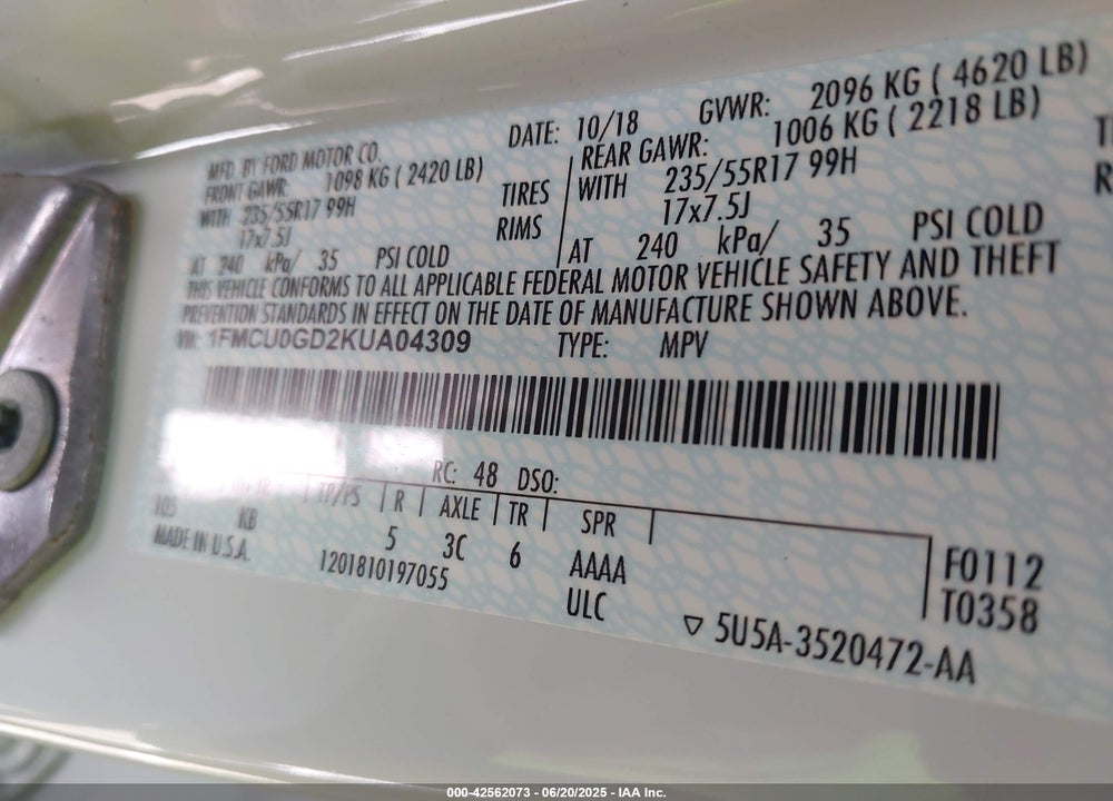 2019 FORD ESCAPE VIN: 1FMCU0GD2KUA04309