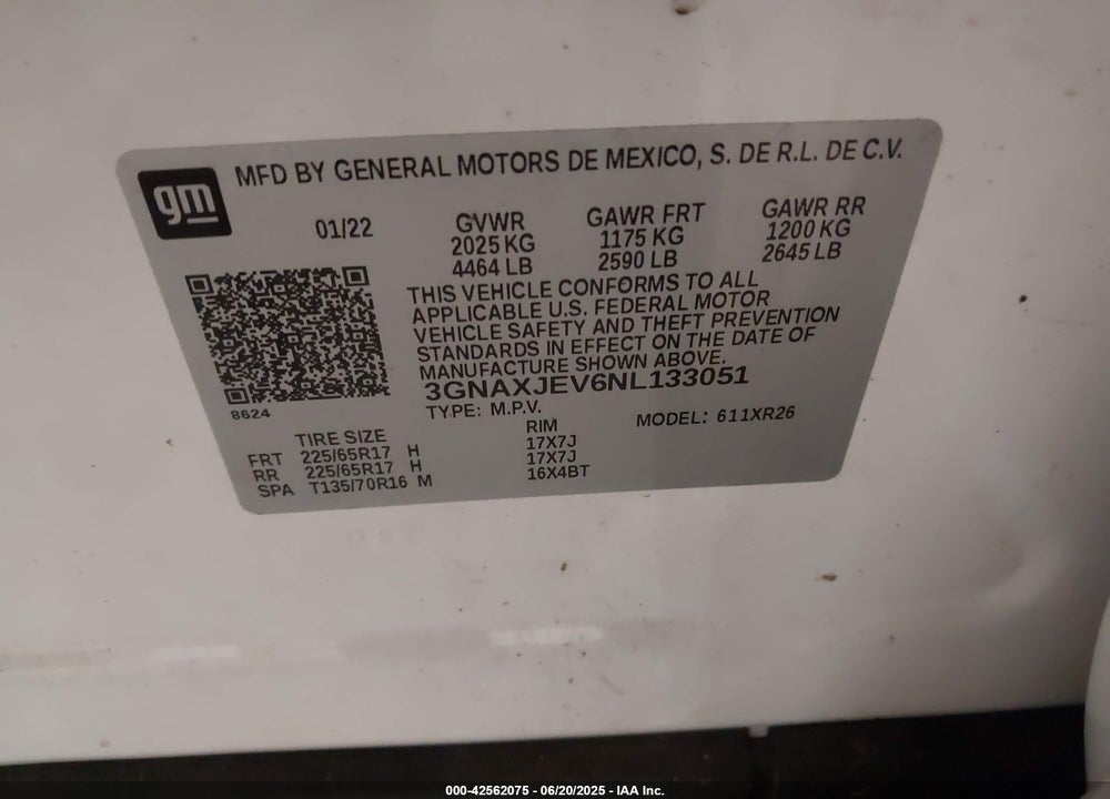 2022 CHEVROLET EQUINOX VIN: 3GNAXJEV6NL133051