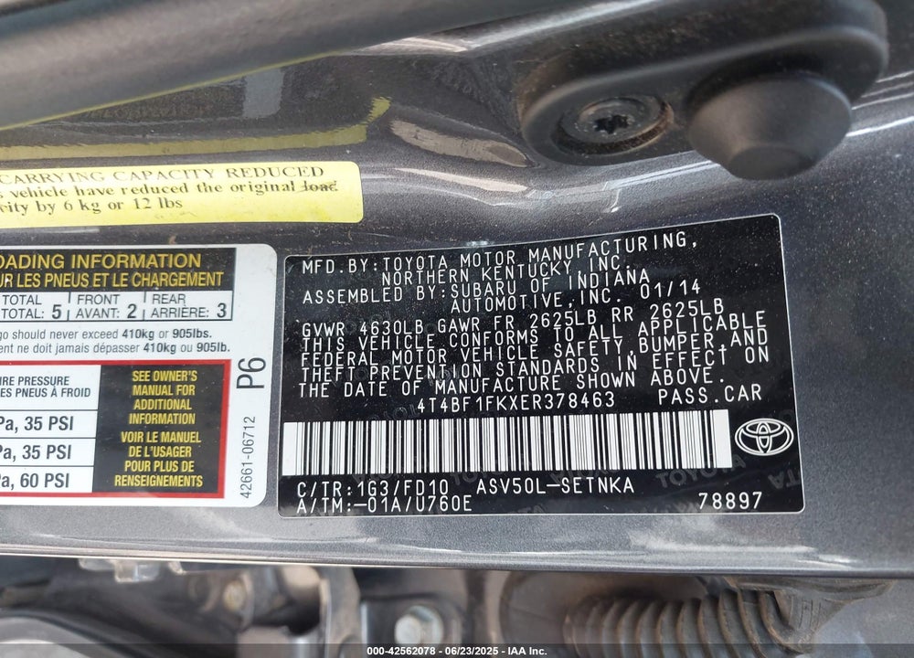2014 TOYOTA CAMRY VIN: 4T4BF1FKXER378463