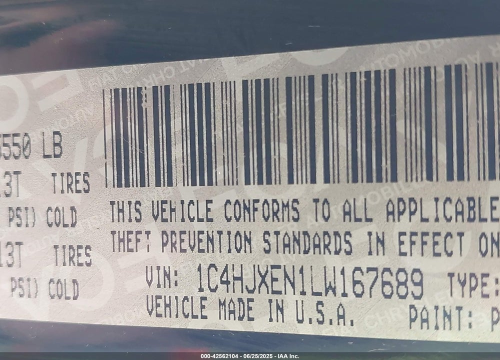 2020 JEEP WRANGLER UNLIMITED SAHARA 4X4 VIN: 1C4HJXEN1LW167689