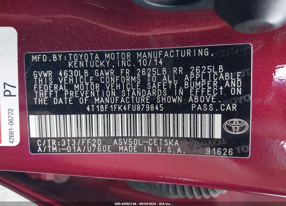 2015 TOYOTA CAMRY VIN: 4T1BF1FK4FU879845