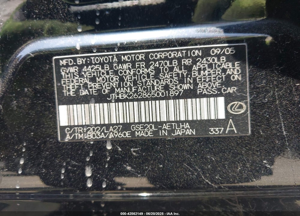 2006 LEXUS IS 250 VIN: JTHBK262865001897