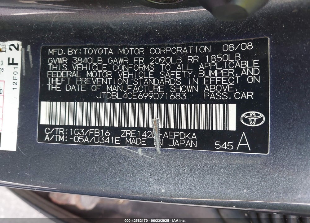 2009 TOYOTA COROLLA VIN: JTDBL40E699071683