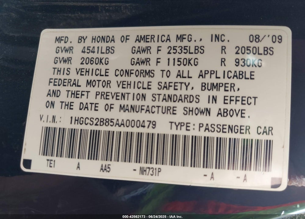 2010 HONDA ACCORD VIN: 1HGCS2B85AA000479