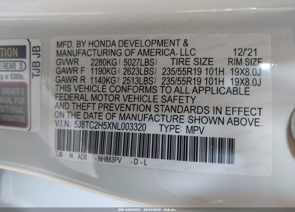 2022 ACURA RDX VIN: 5J8TC2H5XNL003320