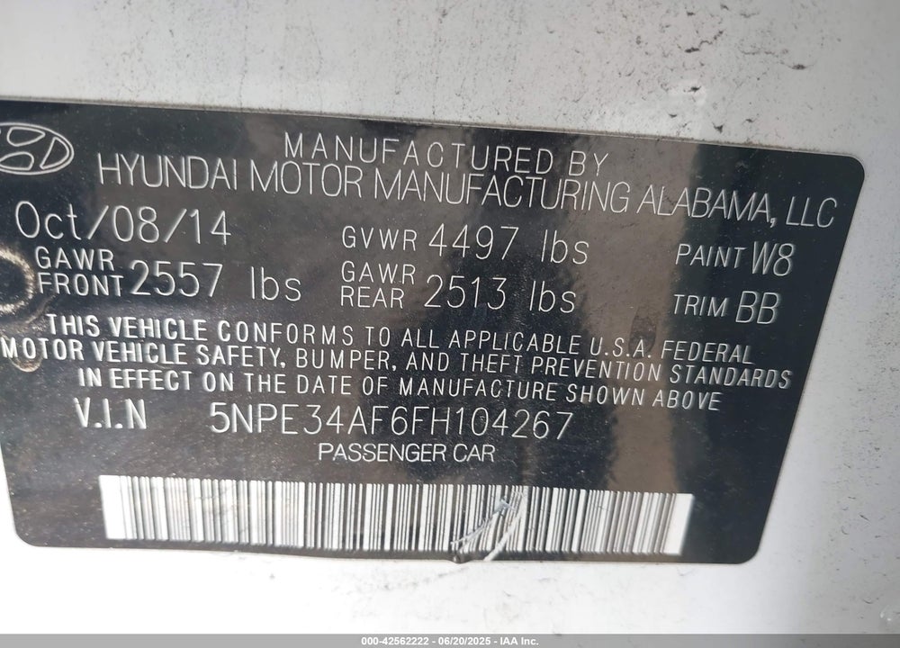 2015 HYUNDAI SONATA VIN: 5NPE34AF6FH104267