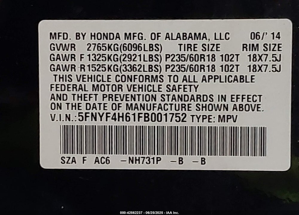2015 HONDA PILOT EX-L VIN: 5FNYF4H61FB001752