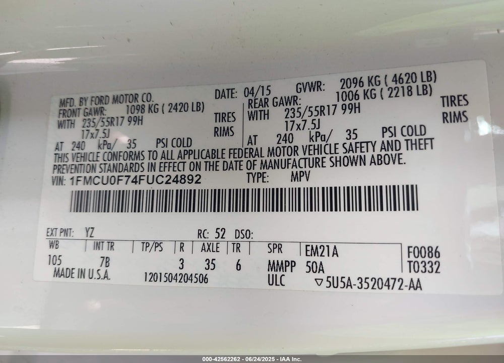 2015 FORD ESCAPE VIN: 1FMCU0F74FUC24892