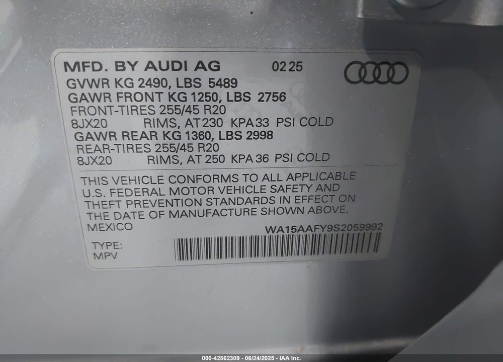2025 AUDI Q5 SPORTBACK PREMIUM PLUS 45 TFSI S LINE QUATTRO S TRONIC VIN: WA15AAFY9S2059992