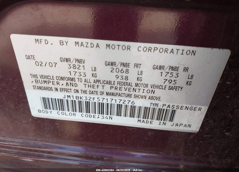 2007 MAZDA 3 VIN: JM1BK32F571717276