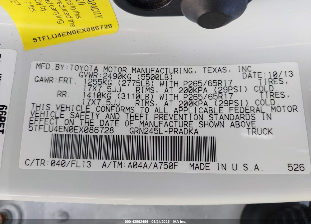 2014 TOYOTA TACOMA VIN: 5TFLU4EN0EX086728