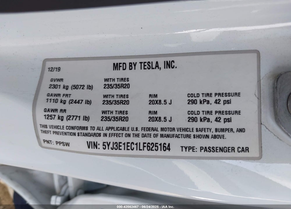 2020 TESLA MODEL 3 VIN: 5YJ3E1EC1LF625164