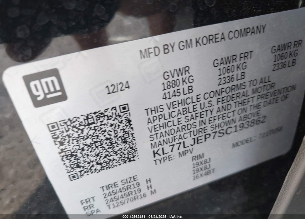 2025 CHEVROLET TRAX FWD 2RS VIN: KL77LJEP7SC193862