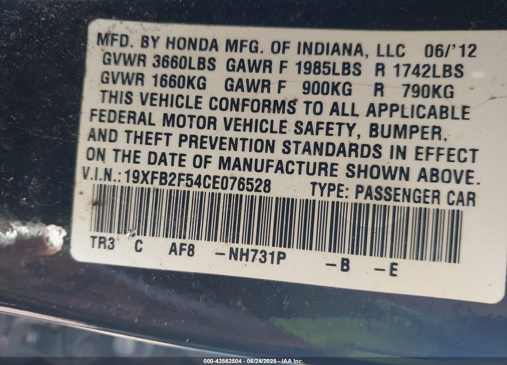 2012 HONDA CIVIC VIN: 19XFB2F54CE076528