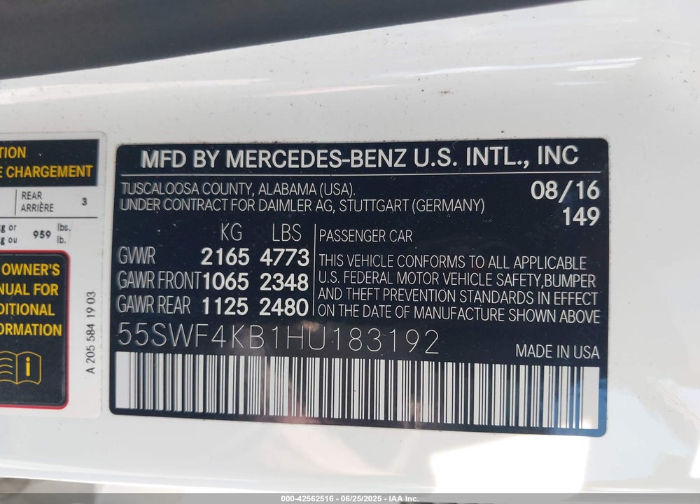 2017 MERCEDES-BENZ C CLASS VIN: 55SWF4KB1HU183192
