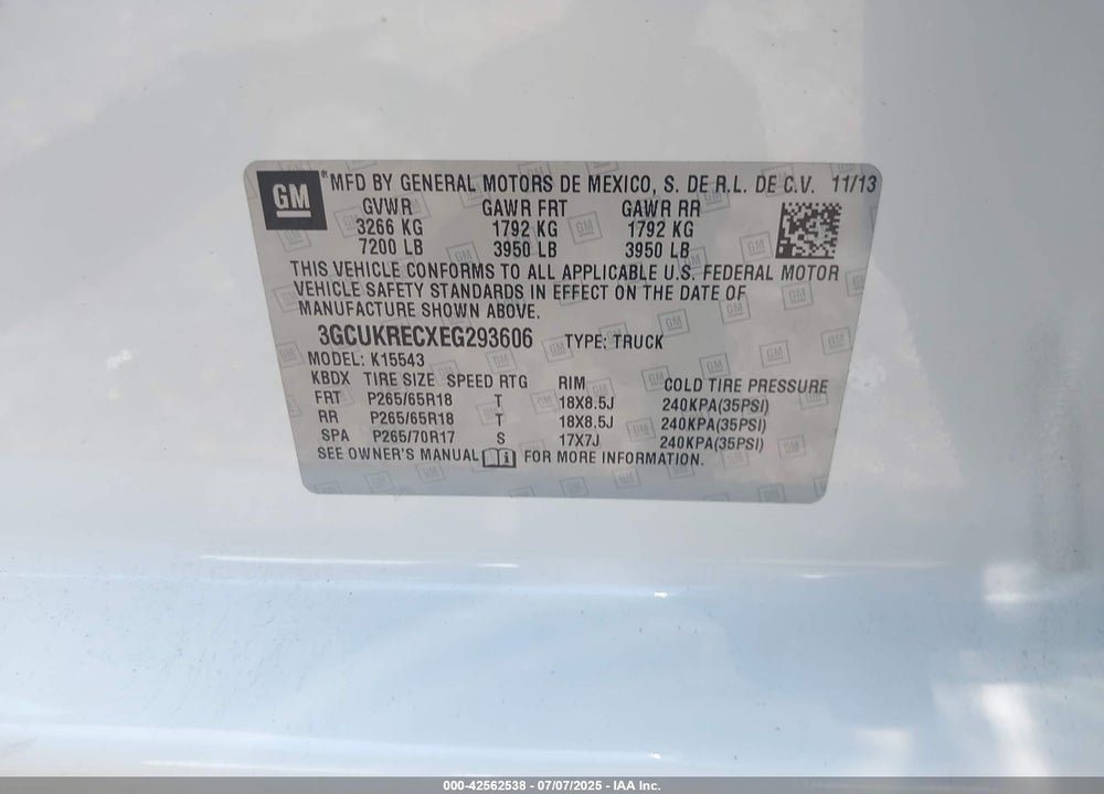 2014 CHEVROLET SILVERADO 1500 2LT VIN: 3GCUKRECXEG293606