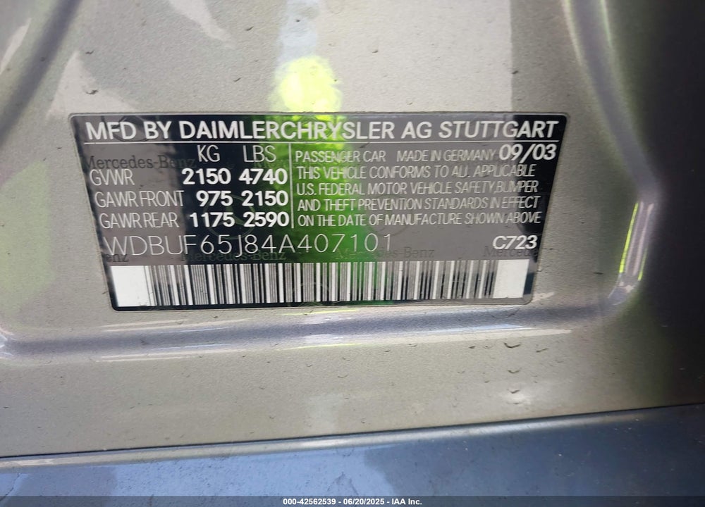 2004 MERCEDES-BENZ E 320 VIN: WDBUF65J84A407101