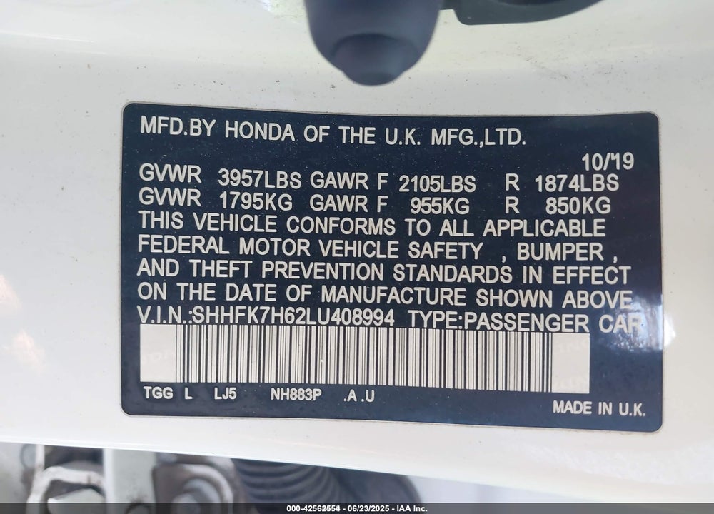 2020 HONDA CIVIC VIN: SHHFK7H62LU408994