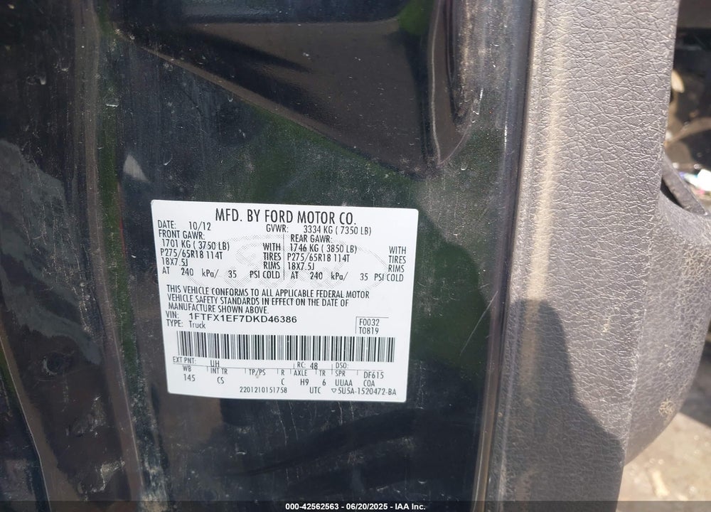 2013 FORD F-150 VIN: 1FTFX1EF7DKD46386