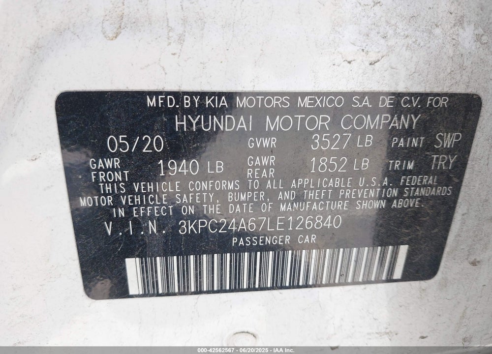 2020 HYUNDAI ACCENT SE VIN: 3KPC24A67LE126840