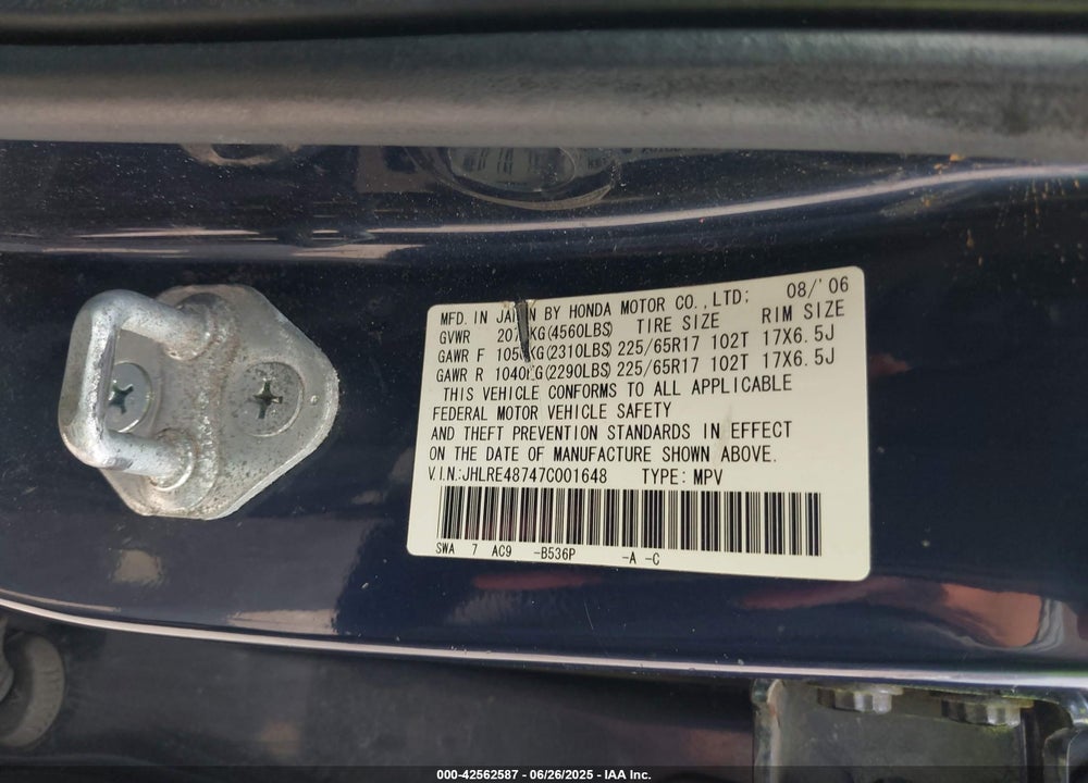 2007 HONDA CR-V EX-L VIN: JHLRE48747C001648