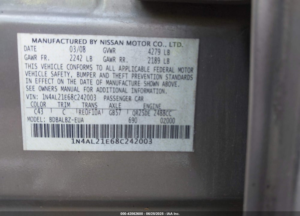 2008 NISSAN ALTIMA 2.5 S VIN: 1N4AL21E68C242003