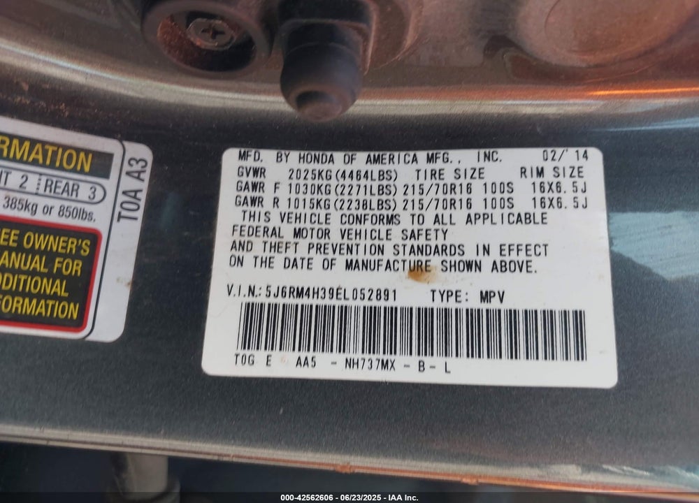 2014 HONDA CR-V LX VIN: 5J6RM4H39EL052891