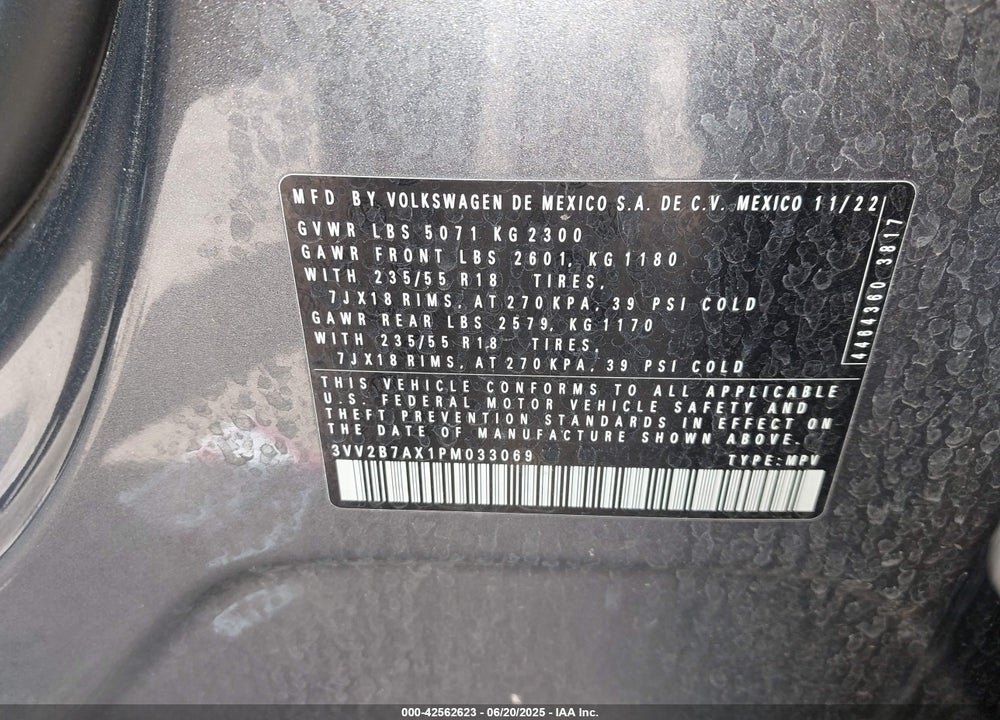 2023 VOLKSWAGEN TIGUAN VIN: 3VV2B7AX1PM033069