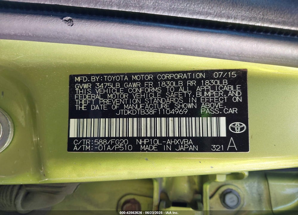2015 TOYOTA PRIUS C TWO VIN: JTDKDTB38F1104969