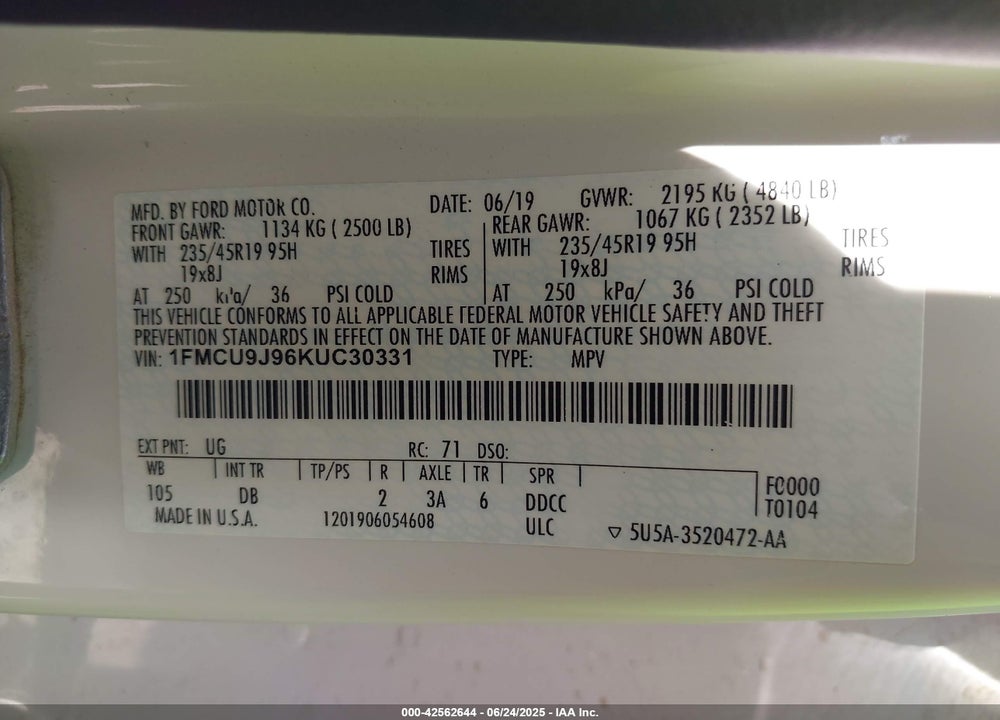 2019 FORD ESCAPE VIN: 1FMCU9J96KUC30331