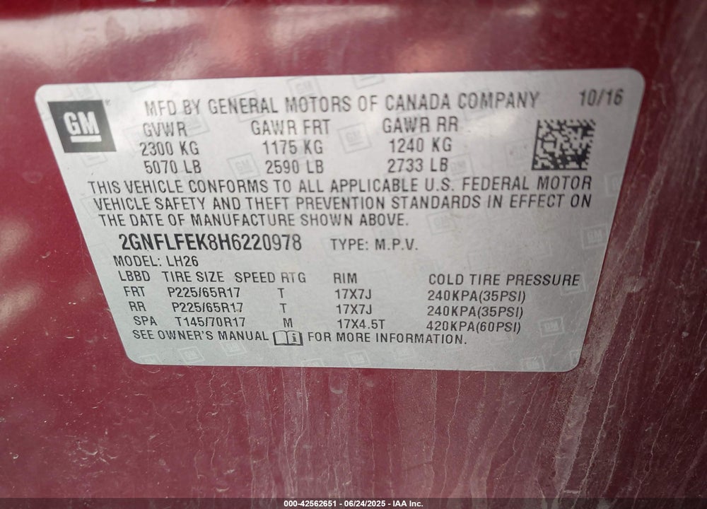 2017 CHEVROLET EQUINOX VIN: 2GNFLFEK8H6220978