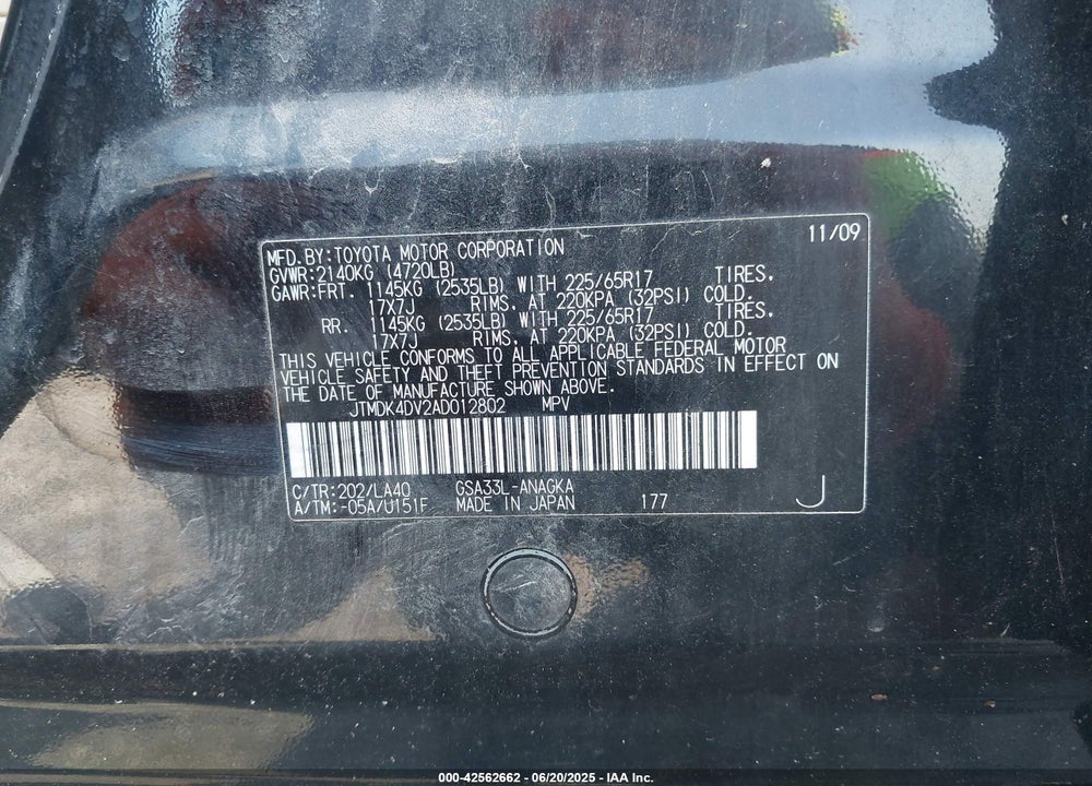 2010 TOYOTA RAV4 LIMITED V6 VIN: JTMDK4DV2AD012802
