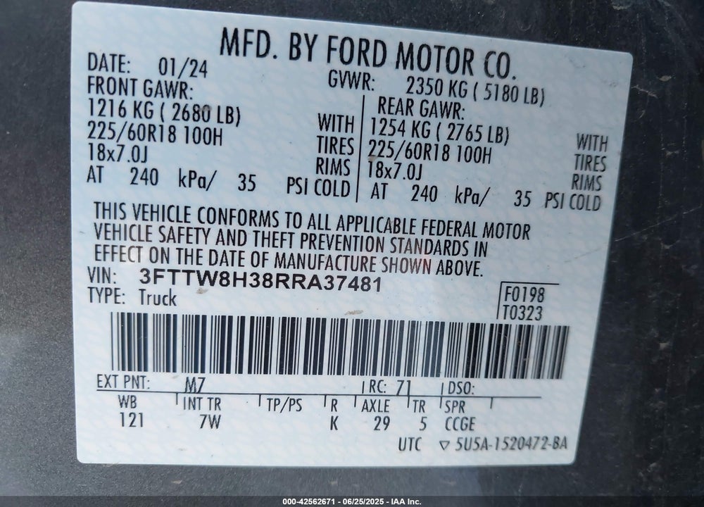2024 FORD MAVERICK VIN: 3FTTW8H38RRA37481