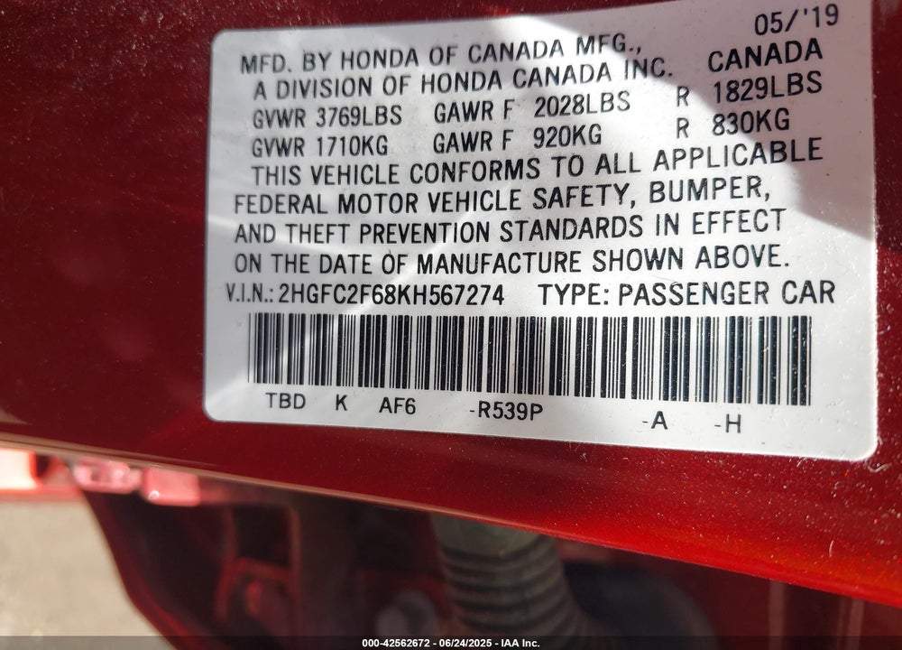 2019 HONDA CIVIC LX VIN: 2HGFC2F68KH567274