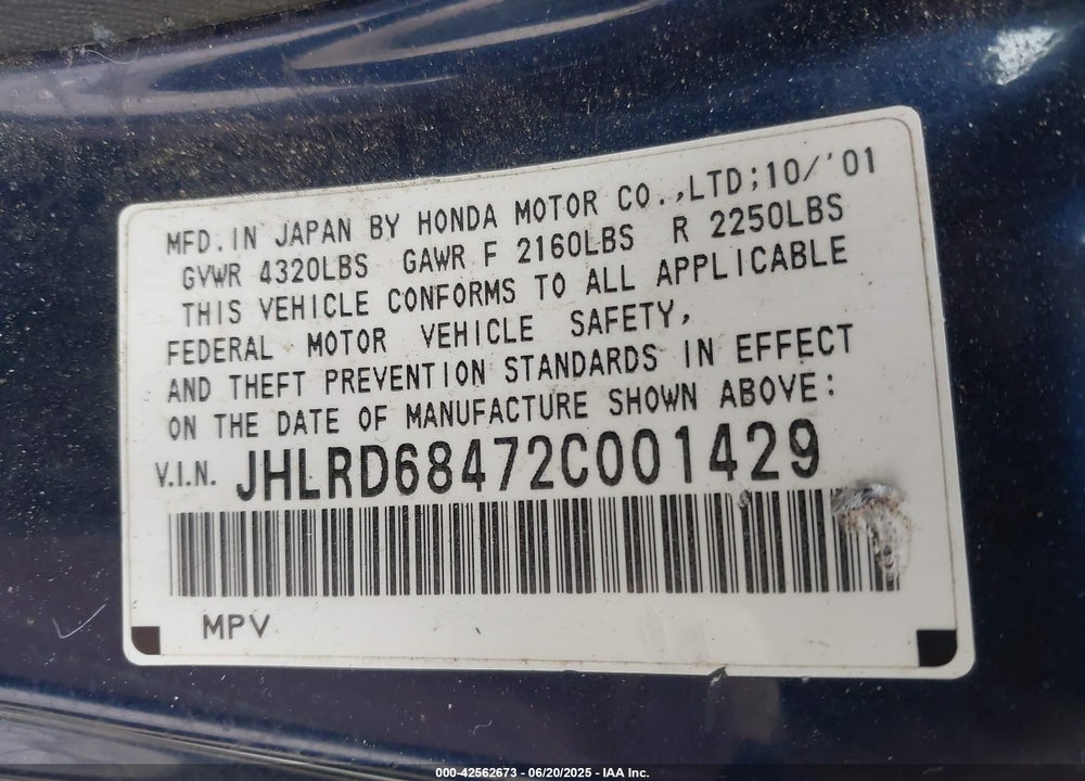 2002 HONDA CR-V LX VIN: JHLRD68472C001429